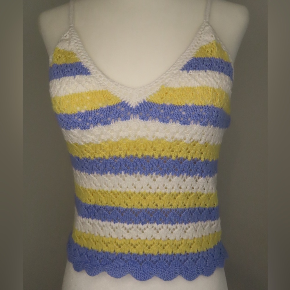 French Connection White and Yellow Ribbed Sleeveless Tank Top